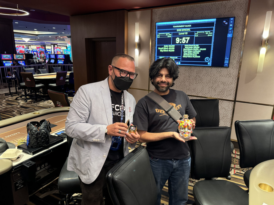 Cory Doctorow and Sid with Tournament Prizes: Treasure Chest and Jelly Bean Trophy