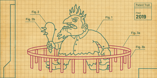 Patent Troll line art on graph paper; troll is in a small jail cell, ready to escape.