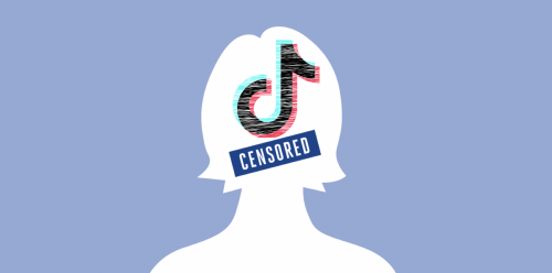 White sihouette of a person on blue background with TikTok logo and censored sticker over face